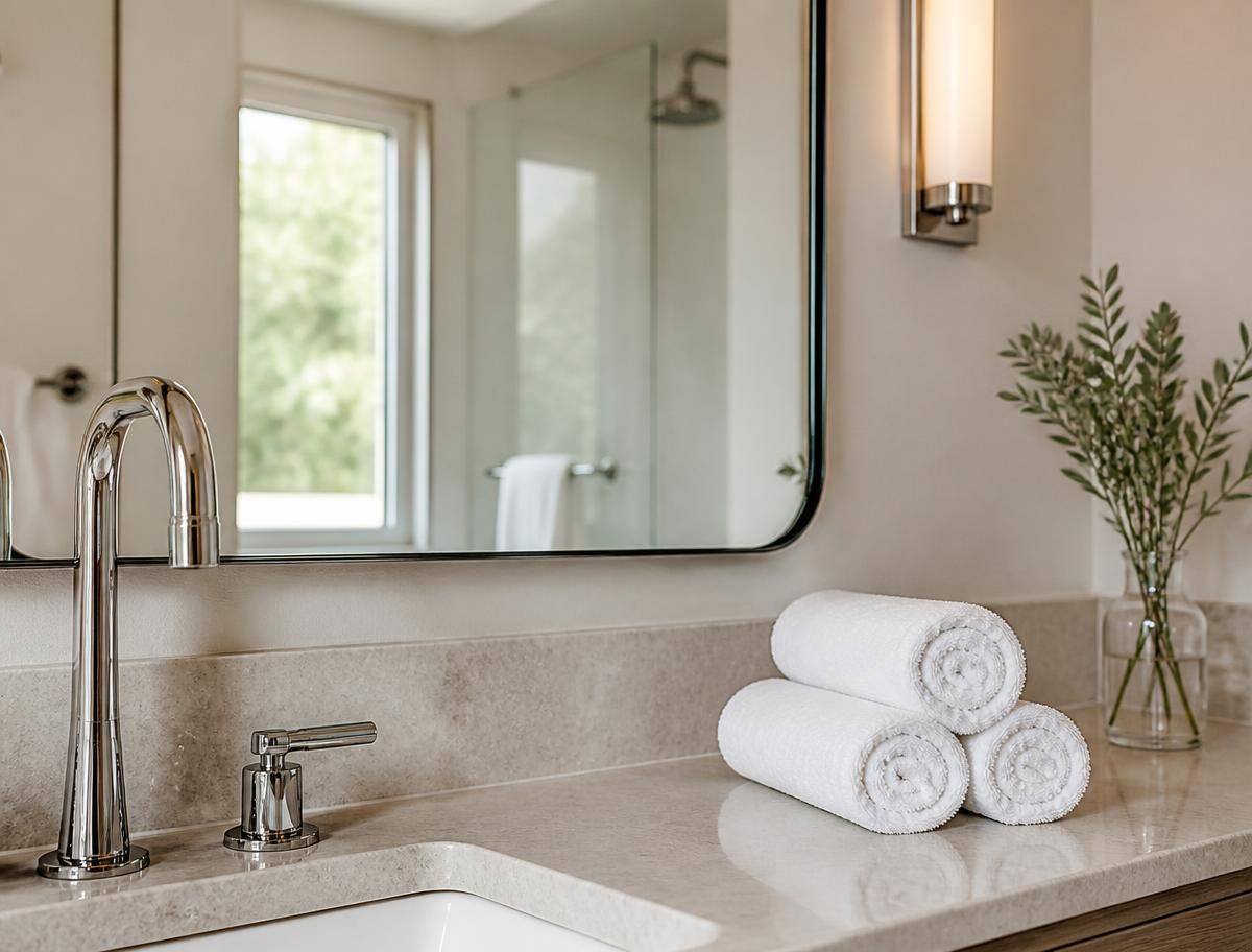 Close view of a bathroom vanity with a streak-free mirror and folded towels