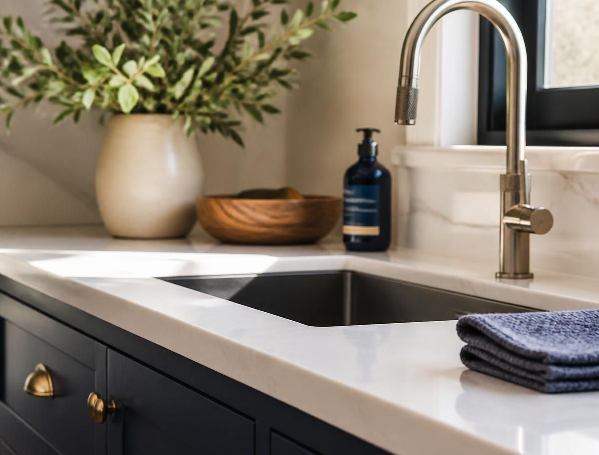 Close view of a wiped kitchen counter and polished faucet