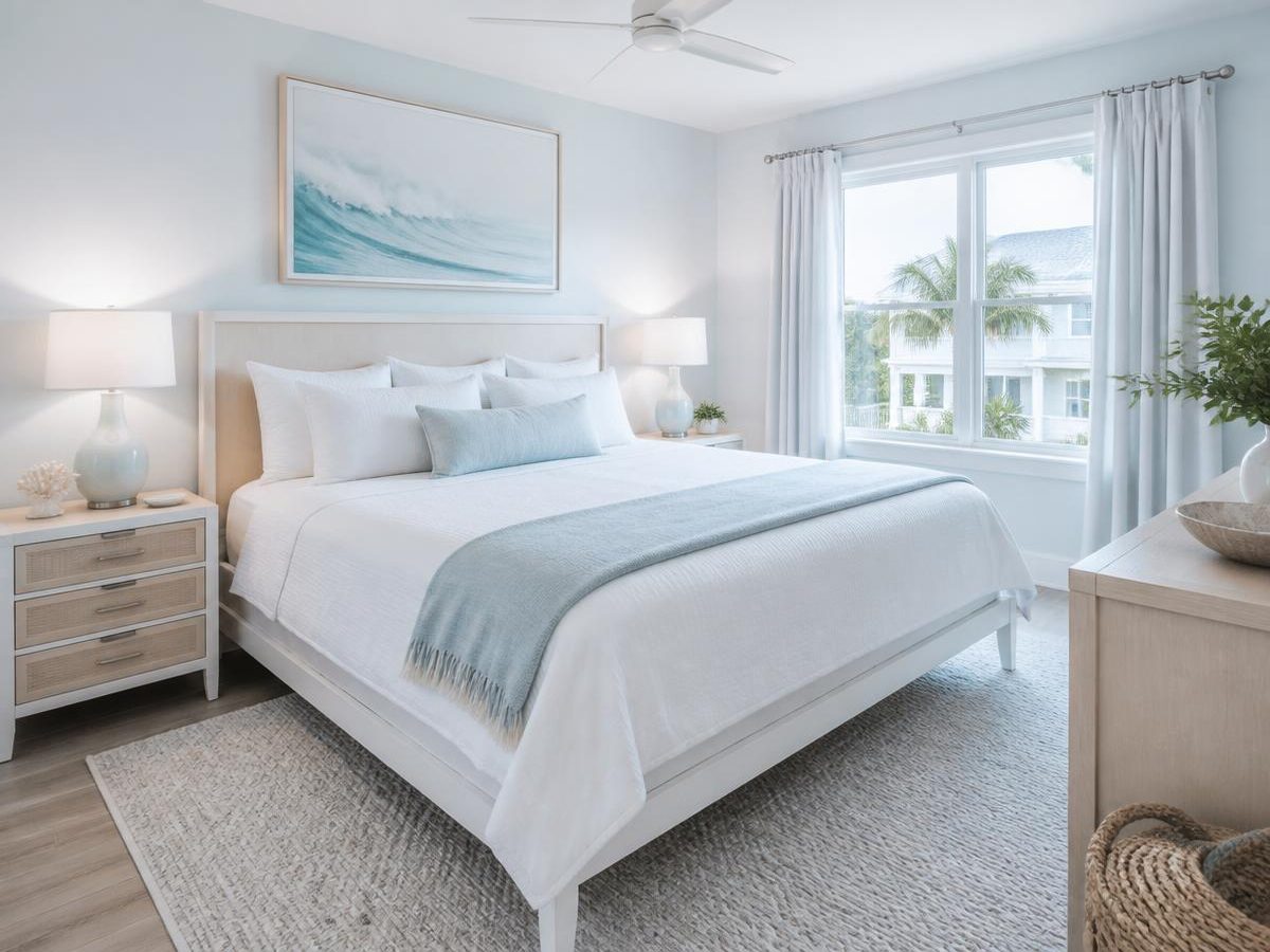 Coastal rental bedroom turned over with crisp white linens and light neutral furniture
